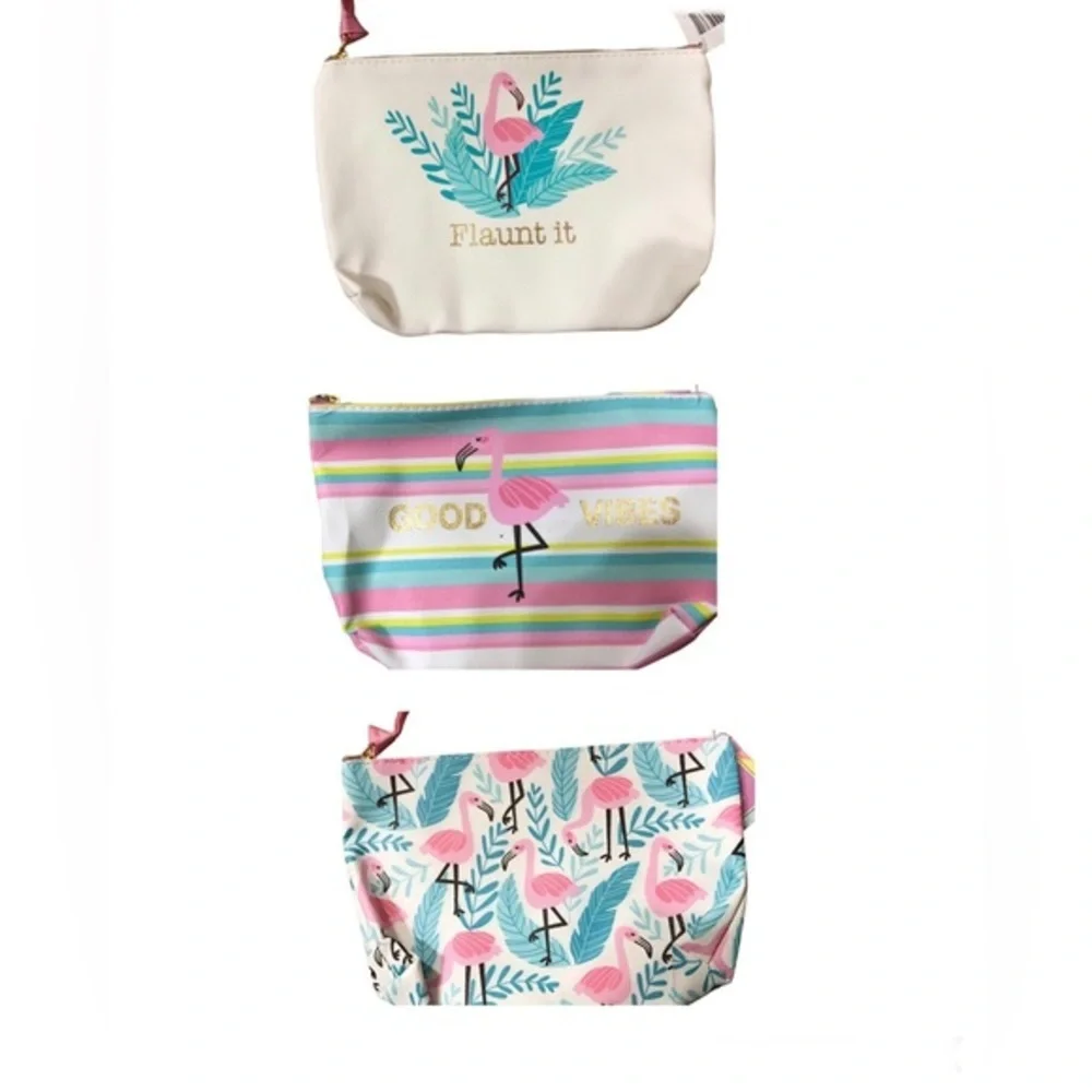 3pack pink flamingo themed “flaunt‎ it” & “good vibes” makeup bag coin pouch new